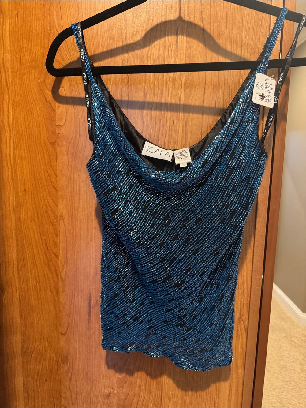 Scala Blue Sequin Draped Cowl Tank